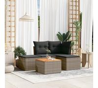 Teenpull Salon de Jardin 5 pièces en résine tressée Gris avec Coussins, Table en Bois d'acacia, Pouf modulaire, Rangement étanche, Ensemble de Meubles d'extérieur pour terrasse Patio Jardin