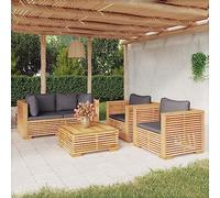 Teenpull Salon de jardin 5 pièces en teck massif avec coussins sombres - Résistant aux intempéries - Pour terrasse, balcon et heures de café confortables