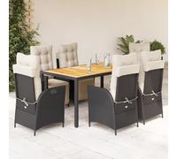 Teenpull Salon de jardin 7 pièces en polyrotin noir, table en bois d'acacia, fauteuil de relaxation réglable, coin repas d'extérieur avec coussins, résistant aux UV