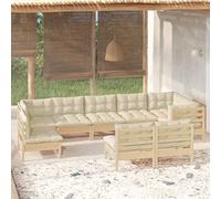 Teenpull Salon de jardin 9 pièces en pin massif - Mobilier de terrasse modulaire avec coussins blanc crème pour balcon et véranda - Ensemble de meubles de jardin robuste