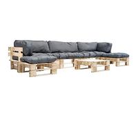 Teenpull Salon de Jardin Palette 6 pcs en Bois de pin imprégné Naturel avec Coussins Gris, Ensemble mobilier extérieur Durable, canapé, poufs, Table Basse pour terrasse et Patio Confortable