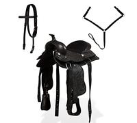 Teenpull Selle Western en Cuir véritable Noir 12 po avec bridon et col de Poitrine, siège Confortable, étriers Robustes, Sangle réglable pour équitation, randonnée, Dressage et Concours
