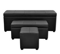 Teenpull Set de Banc de Rangement en Simili Cuir Noir avec Pouf et Tabouret, Meuble Coffre pour Chambre, Salon, entrée, Couloir, siège de Rangement Pratique et Design