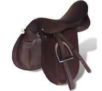 Teenpull Set de Selle équitation Cheval 17,5" en Cuir véritable Brun 5 en 1 avec Tapis, étriers, étrivière et Sangle 12 cm pour Dressage, randonnée et Concours