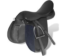 Teenpull Set de Selle équitation Cuir véritable 17,5 Pouces 18 cm Noir 5 en 1 avec Tapis, étriers, étrivière et Sangle pour Cheval Poney randonnée Dressage Endurance