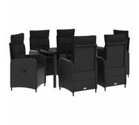 Teenpull Set de table de canapé avec 6 chaises réglables et coussins en mousse, 7 pièces, rotin synthétique noir, acier revêtu par pulvérisation, pour salon, terrasse, jardin, salon, salle à manger