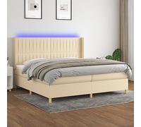 Teenpull Sommier à Lattes Crème 200x200 cm avec Tête de Lit Réglable, Matelas à Ressorts Ensachés et Bande LED, Tissu Durable, Grand Lit