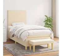 Teenpull Sommier à Lattes Lit Crème 90x190 cm, Tissu Durable, Tête de Lit Réglable, Matelas Ressorts Ensachés, Banc Inclus