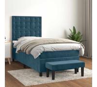 Teenpull Sommier à Lattes Lit Velours Bleu Foncé 90x200 cm, Tête de Lit Réglable, Matelas Ressorts Ensachés, Banc Inclus