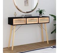 Teenpull Table console noire 105 x 30 x 75 cm, bois massif en rotin naturel, 3 tiroirs, design scandinave pour salon, couloir et chambre à coucher, table d'appoint stable