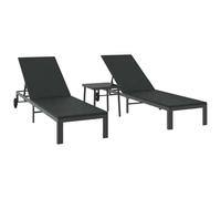 Teenpull Transat 2-Personne en polyrotin Noir avec Table en Verre trempé 3 pcs, Dossier Ajustable, Roues Mobiles, pour Jardin terrasse Patio détente extérieure