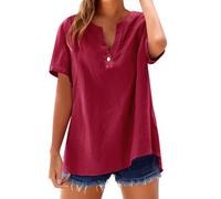 Teeshirt Femme Coton Col V Boutonné Manches Courte | Tunique Femme Coton Lin Tee Shirt Grande Taille Chemise Lin Summer Top Blouse Couleur Unie Haut Casual Tunique Basique Hauts Ample Tops