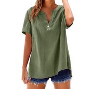 Teeshirt Femme Coton Col V Boutonné Manches Courte | Tunique Femme Coton Lin Tee Shirt Grande Taille Chemise Lin Summer Top Blouse Couleur Unie Haut Casual Tunique Basique Hauts Ample Tops