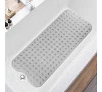 TEESHLY Tapis de Bain antidérapant Extra Long avec Trous de Drainage et ventouses, 99 x 40,6 cm, pour Baignoire et Douche, Lavable en Machine (Gris Transparent)