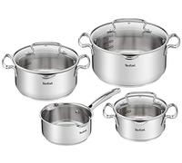 Tefal Duetto Lot de 7 pièces : 3 casseroles 16/20/24 cm, 1 casserole 16 cm, 3 couvercles en acier inoxydable, 3 couvercles en verre, marques de mesure, toutes sortes de cuisines, passe au four et au