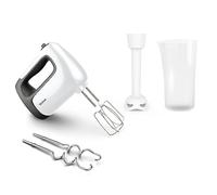 Tefal HT4611 Prep'Mix+ Batteur à main | 500 W | Bouton coulissant à 5 vitesses + Turbo | Accessoires inclus : 2 fouets, 2 crochets pétrisseurs, presse-purée/verre doseur | Blanc/noir