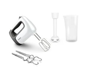 Tefal HT4611 Prep'Mix+ Batteur à main | 500 W | Bouton coulissant à 5 vitesses + Turbo | Accessoires inclus : 2 fouets, 2 crochets pétrisseurs, presse-purée/verre doseur | Blanc/noir