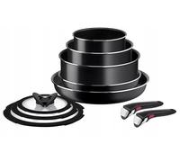 Tefal Ingenio Easy Cook & Clean Batterie de cuisine en aluminium 10 pièces avec poignée amovible et revêtement antiadhésif 16-28 cm avec 3 couvercles en verre Noir