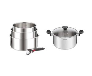 Tefal Ingenio Preference On L898S3 Lot de 4 casseroles avec poignée amovible & Faitout 24 cm (5 L) + couvercle verre, Tous feux dont induction, Acier inoxydable de première qualité, Garantie 10 ans
