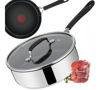 Tefal Jamie Oliver Home Cook Sauteuse en aluminium avec revêtement anti-adhésif, signal thermique, passe au lave-vaisselle, avec couvercle en verre, bleu/gris, 24 cm, 3,5 l