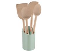 Tefal Lot de 5 ustensiles de cuisine Natura : cuillère 28 cm, cuillère 29 cm, spatule lame 28 cm, spatule angulaire 29 cm et support, ustensiles de cuisine en bois certifié FSC, K270S5