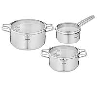 Tefal Nordica Batterie de cuisine 6 pièces Casserole 16 cm, Faitouts 20/24 cm en acier inoxydable garanti 10 ans, 3 couvercles verre, Becs verseurs, Egouttage facile, Induction H852S325