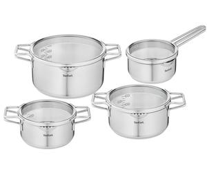Tefal Nordica Batterie de cuisine 8 pièces Casserole 16 cm + Faitouts 18/20/24 cm en acier inoxydable + Couvercles verre, Becs verseurs, Egouttage facile, Induction H852S855