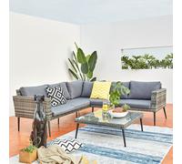 CONCEPT USINE | Salon de Jardin Bas 5 Places en Résine Tréssée | Design TEFARI Gris | Moderne et Cosy | 2 Canapés + 1 Table avec Verre Trempé | Structure Acier Robuste | Résiste aux Intempéries