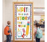 Tegeme Couverture de porte de rentrée scolaire - Bannière de porte pour premier jour d'école - Fournitures de fête - Carnet de composition - Panneau de porche - Fond photo de bienvenue - Décoration