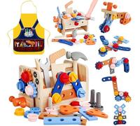 TEGOVE Boîte à outils pour enfants avec tablier, jeux en bois pour garçon fille 3-5 ans