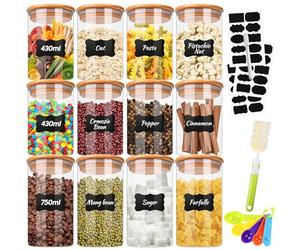 TEGOVE Lot de 12 Bocaux en Verre,Bocaux Rangement Cuisine,430ml/750ml Bocal en Verre avec Couvercle en Bambou,Pot de Rangement en Verre à Haute Teneur en Borosilicate