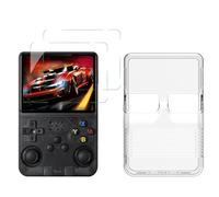 TEHAOUU Coque en TPU et 2 films trempés compatibles avec console de jeu R36S - Protection d'écran anti-rayures et résistante aux chocs - Accessoires en verre trempé HD 9H (blanc transparent)