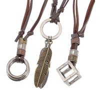 TEHAUX Collier en Cuir Vintage Double Cercle 3 Pièces Pendentifs Feuilles et Carré, Cordon Marron, Ensemble Bijou Rétro Unisexe pour Femmes et Hommes, Accessoire de Mode Décontracté