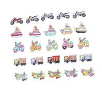 TEHAUX Lot De 25 Boutons En Bois à Coudre, Boutons à 2 Trous Décoratifs Multicolores, Accessoires Diy Pour Couture Et Scrapbooking, Motifs Bateaux Avions Camions Motos, Bricolage Créatif