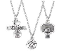 TEHAUX Lot de 3 Colliers de Basket-Ball en Alliage Argenté Pendentifs Basketball Panier et « le Basket » Chaînes Délicates pour Couples Homme et Femme Présent Sport et Amour