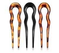 TEHAUX Lot de 3 Épingles à Cheveux Vintage Forme U Grosse Taille, Accessoires pour Coiffure Chignon en Matériau Robuste, Finition Brillante, Couleurs Noir Mat, Léopard Rouge et Jaune,