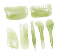 TEHAUX Outil de Massage Polyvalent Surface Lisse Stimule la Production de Collagène Plusieurs styles Graffoir Gua Sha Set de 7 Pièces Grattoir Gua Sha en Résine Artificielle Verte pour Visage et Corps