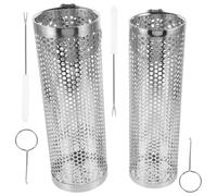 TEHAUX Panier à Griller Roulant, Grille de Barbecue à Mailles, Acier Inoxydable, Rond, Argenté, Crochet et Fourche, pour Barbecue Extérieur et Pique-niques