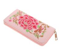TEHAUX Portefeuille Femme Ethnique Brodé Double Face avec Fermeture Éclair Grand Format Long en Tissu Rose Porte-Cartes pour Voyage et Stockage Sécurisé des Cartes de Crédit