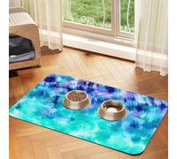 Teinture Tie-Dye Bleu Sarcelle Aquarelle,Tapis d'alimentation pour Animaux de Compagnie, Sets de Table en Cuir PU pour Chats et Chiens,40x60cm