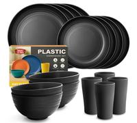 Teivio Service De Table 16 Pièces Incassable En Plastique Pour 4 Personnes - Assiette, Assiette à Dessert, Bol, Tasse, Sécurité Lave - Vaisselle，Vaisselle De Camping En Plastique Léger - Noir