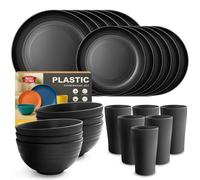 Teivio Service De Table 24 Pièces Incassable En Plastique Pour 6 Personnes - Assiette, Assiette à Dessert, Bol, Tasse, Sécurité Lave - Vaisselle，Vaisselle De Camping En Plastique Léger - Noir