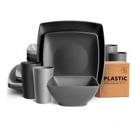 Teivio Service de table carré de cuisine 16 pièces en plastique pour 4 personnes, assiettes plates, assiettes à dessert, bols, tasses, assiettes et bols en plastique incassable, vaisselle de camping