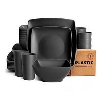 Teivio Service de table carré en plastique 32 pièces pour 8 personnes, assiettes plates, assiettes à dessert, bols à céréales, tasses de 590 ml, assiettes et bols en plastique incassable, plats de