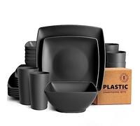 Teivio Service de table carré réutilisable en plastique 24 pièces pour 6 personnes, ensemble complet pour les repas et les boissons, noir, sans BPA