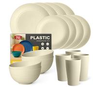 Teivio Service de table de cuisine 16 pièces en plastique pour 4 personnes - Assiettes plates, assiettes à dessert, bols à céréales, tasses, assiettes et bols en plastique incassable - Plats de