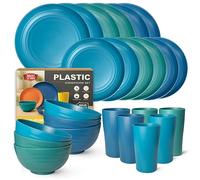 Teivio Service de table de cuisine 24 pièces en plastique pour 6 personnes - Assiettes plates, assiettes à dessert, bols à céréales, tasses, assiettes et bols en plastique incassable - Plats de