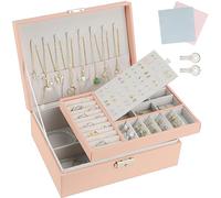 TEIVUL Boite a Bijoux Femme,Rangement Bijoux 2 Couches,Boite à Bijoux Verrouillable avec Clef,Boîtes à Bijoux et Présentoirs pour Filles Femme Colliers,Bracelets, bagues et boucles(Rose) d'oreilles