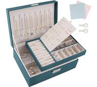 TEIVUL Boite a Bijoux Femme,Rangement Bijoux 2 Couches,Boite à Bijoux Verrouillable avec Clef,Boîtes à Bijoux et Présentoirs pour Filles Femme Colliers,Bracelets, bagues et boucles(Vert) d'oreilles