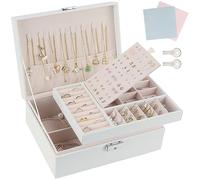 TEIVUL Boite a Bijoux Femme,Rangement Bijoux 2 Couches,Boite à Bijoux Verrouillable avec Clef,Boîtes à Bijoux et Présentoirs pour Filles Femme Colliers,Bracelets, bagues et boucles(blanc) d'oreilles